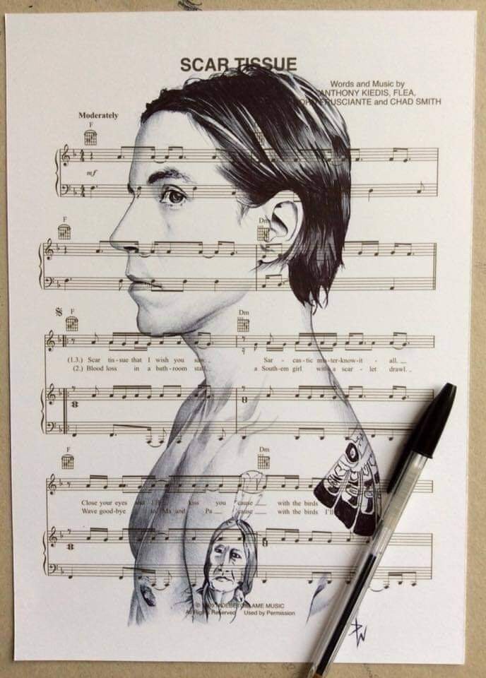 Anthony Kiedis Print: Ballpoint Pen Drawing on Sheet Music