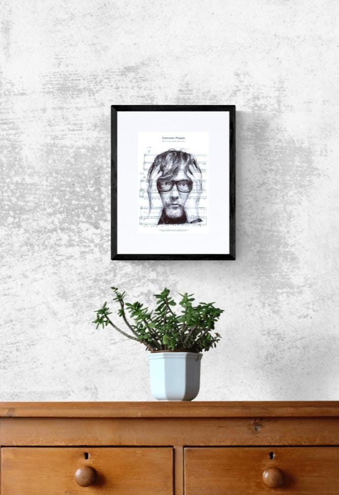 Jarvis Cocker Print: Ballpoint Pen Drawing on Sheet Music (A4)