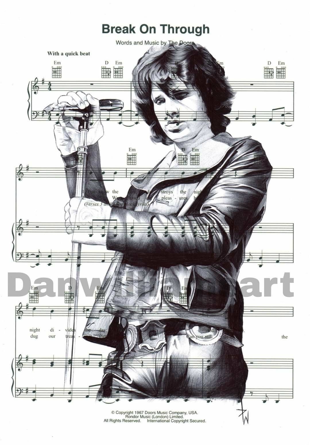 Jim Morrison Print: Hand-Drawn Portrait on Sheet Music (A4)