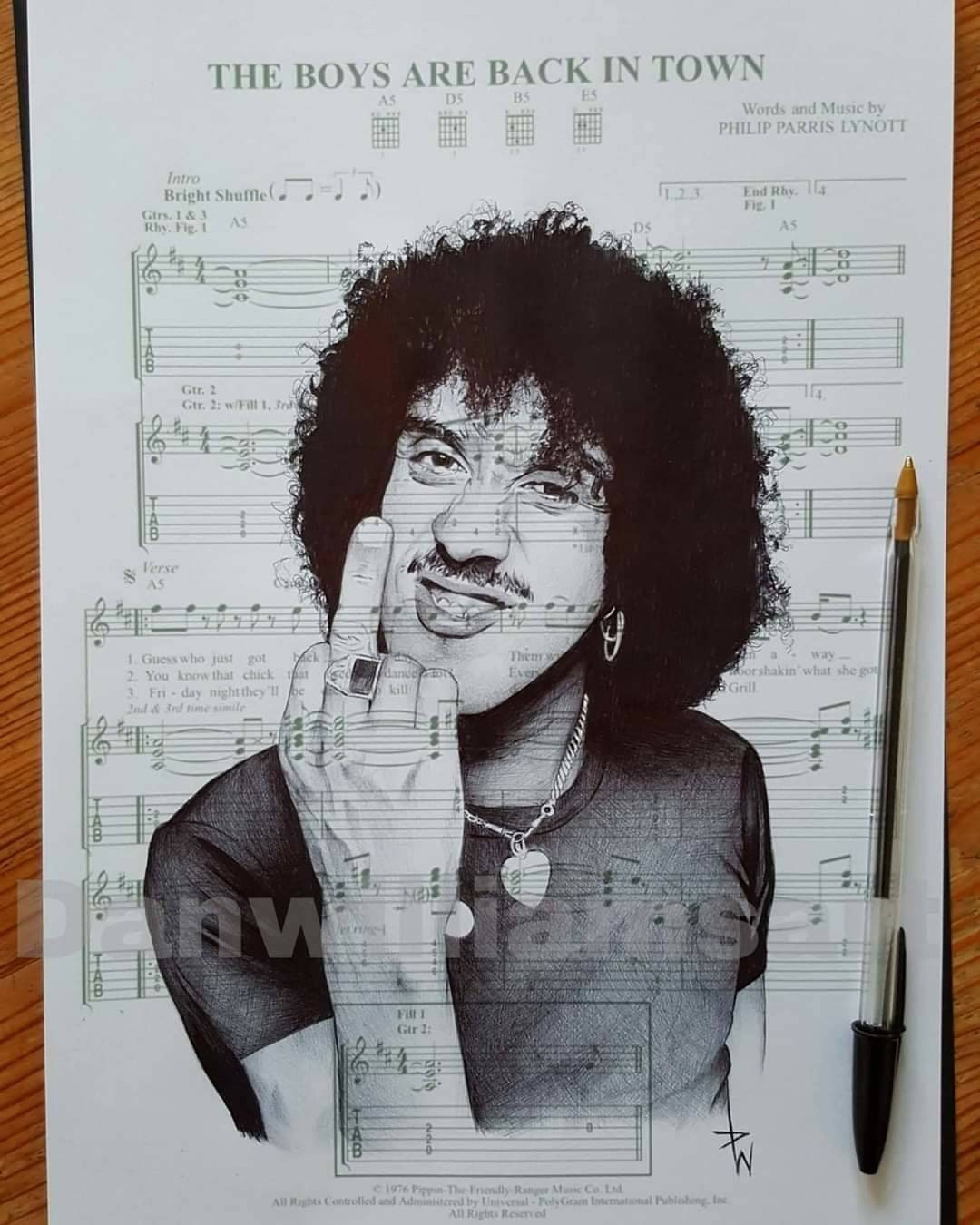 Phil Lynott Print: Ballpoint Pen Drawing on Sheet Music (A4)