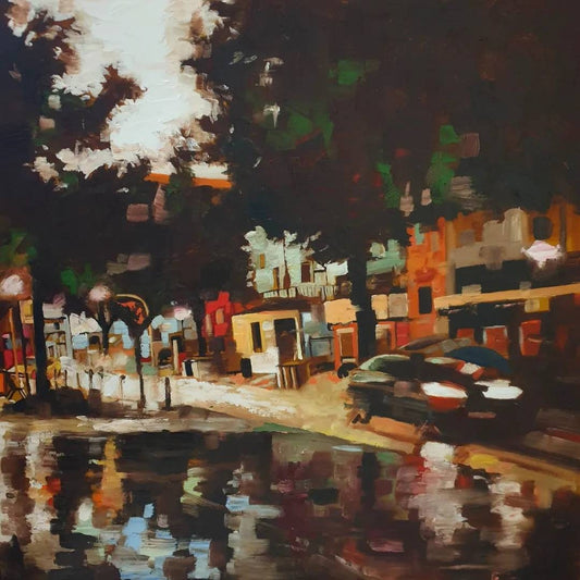 City Street Oil Painting: 'Under the Storm' Art