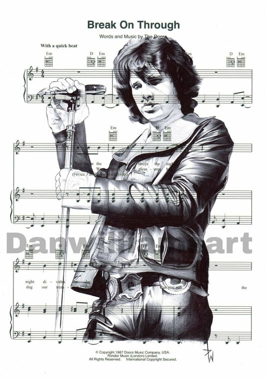 Jim Morrison Print: Hand-Drawn Portrait on Sheet Music (A4)