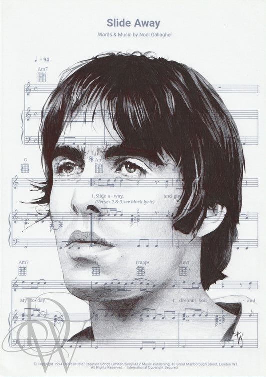 Liam Gallagher Print: Slide Away Sheet Music Ballpoint Pen Drawing