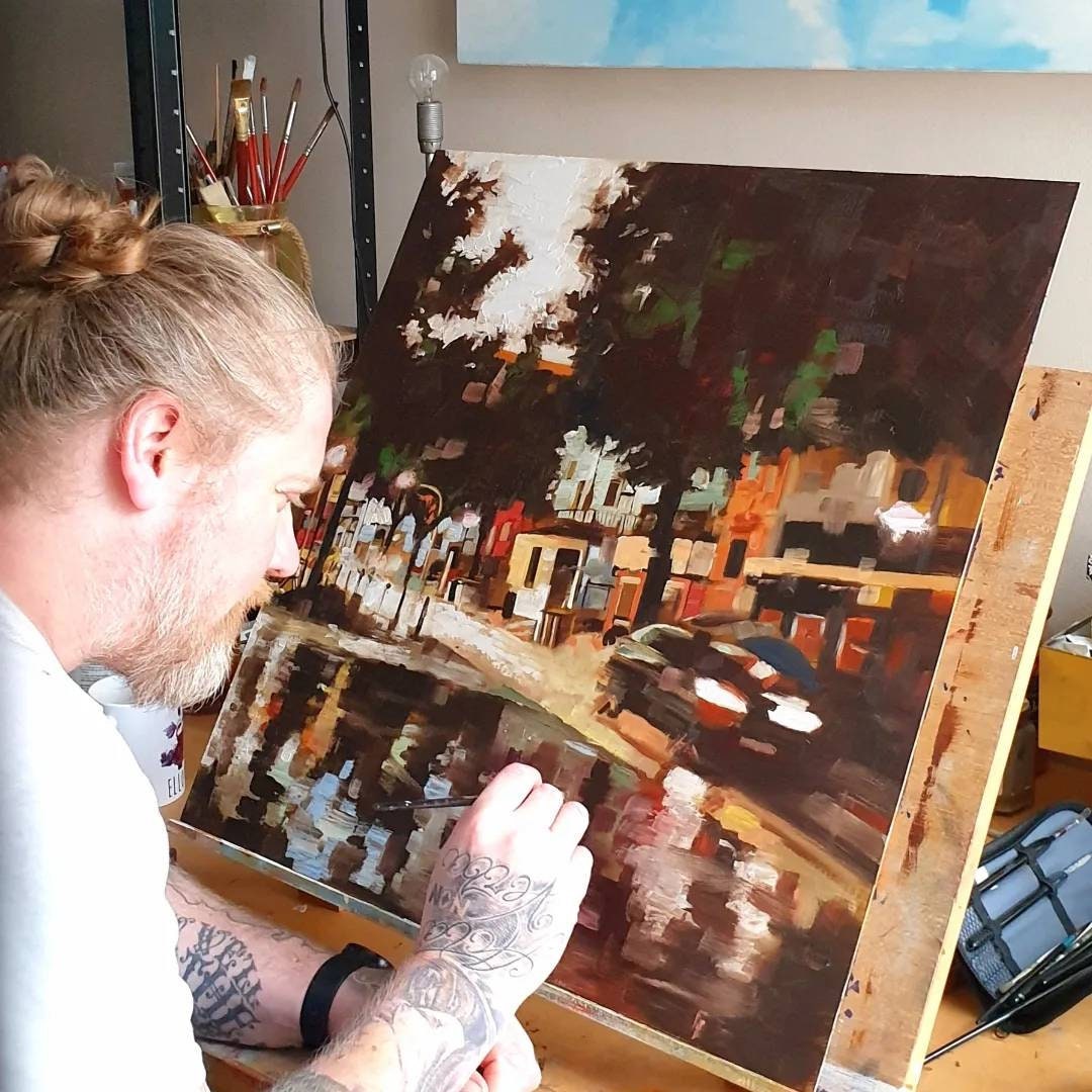City Street Oil Painting: 'Under the Storm' Art