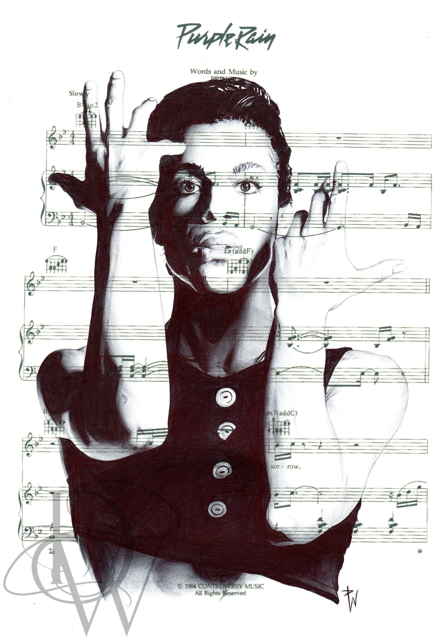 Prince Art Print: Ballpoint Pen Drawing on Sheet Music (12x16)
