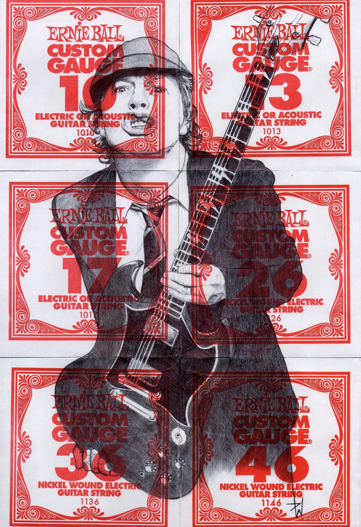 Angus Young Print: Ballpoint Pen Drawing on Guitar String Packets (A4)