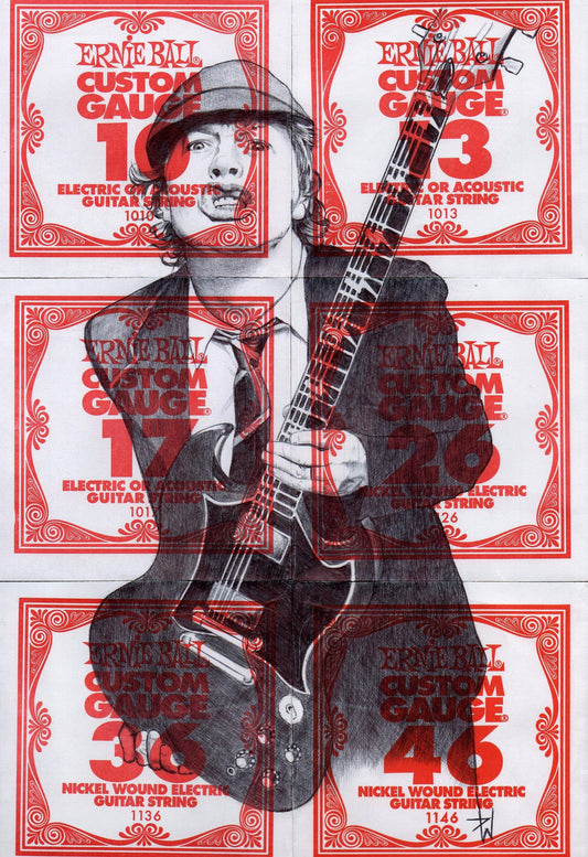 Angus Young Print: Ballpoint Pen Drawing on Guitar String Packets (A4)