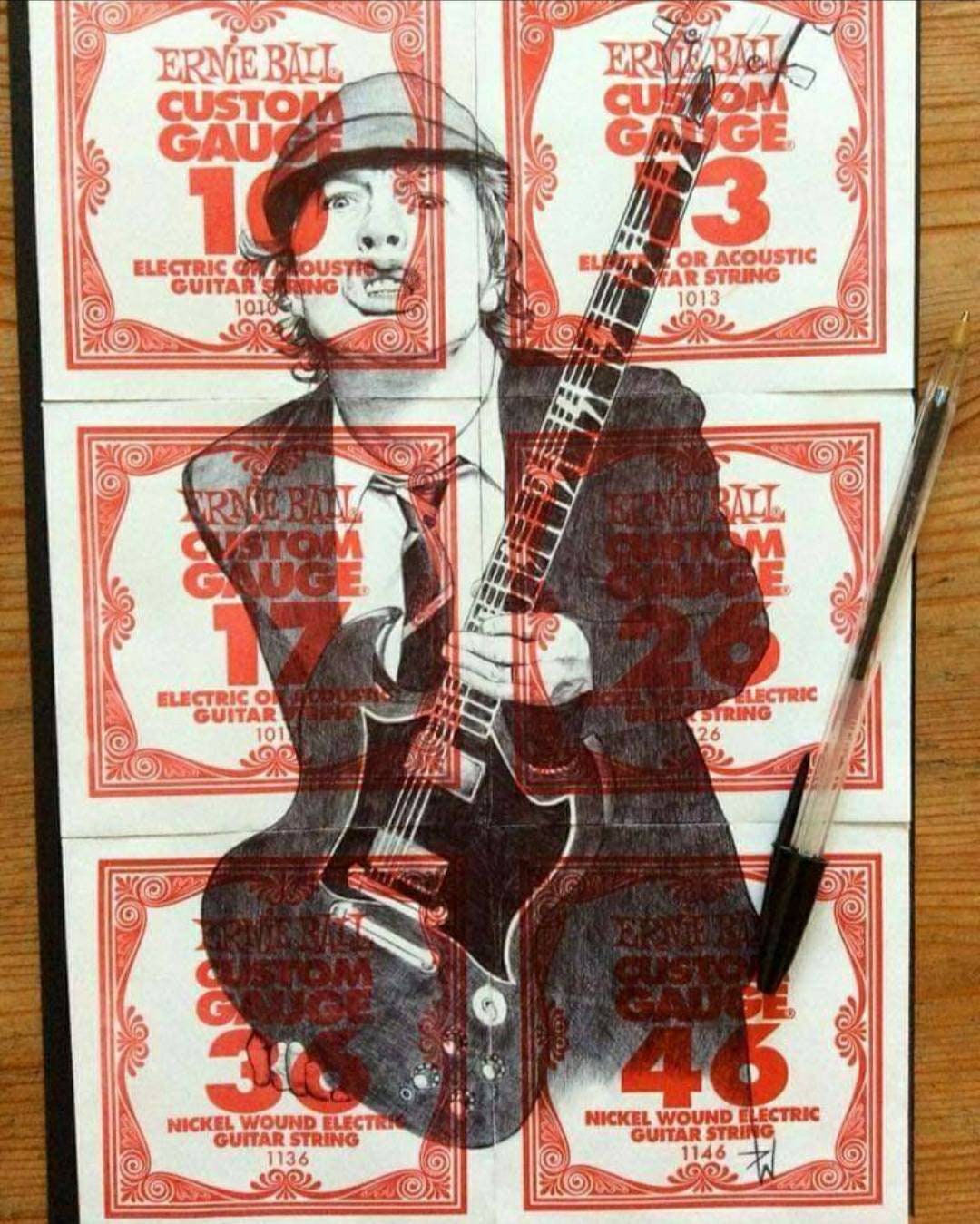 Angus Young Print: Ballpoint Pen Drawing on Guitar String Packets (A4)