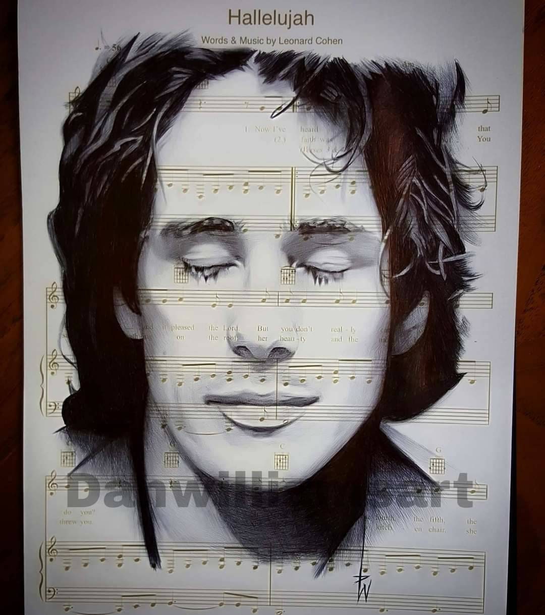 Jeff Buckley Print: Hallelujah Sheet Music Drawing (A4 Mounted)