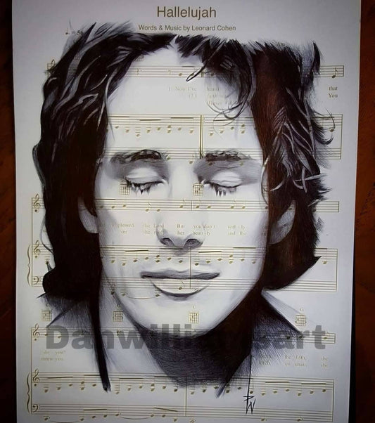 Jeff Buckley Print: Hallelujah Sheet Music Drawing (A4 Mounted)