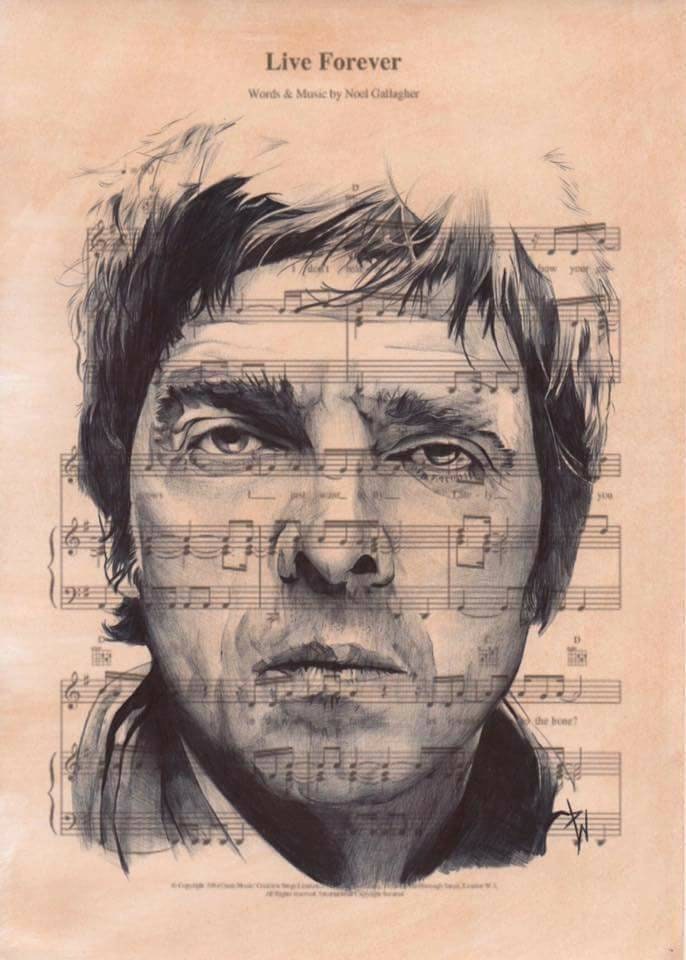 Noel Gallagher Print: Ballpoint Pen Drawing on Sheet Music (A4)
