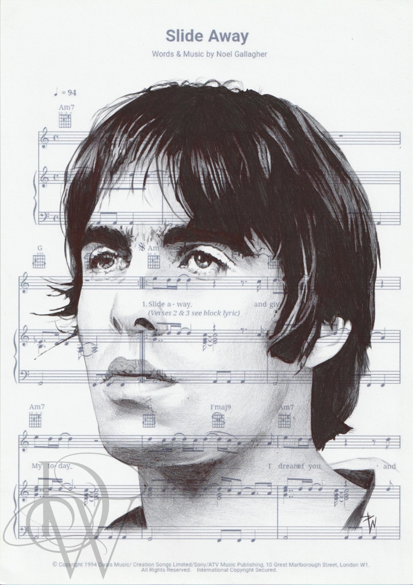 Liam Gallagher Drawing: Oasis Slide Away Sheet Music Art