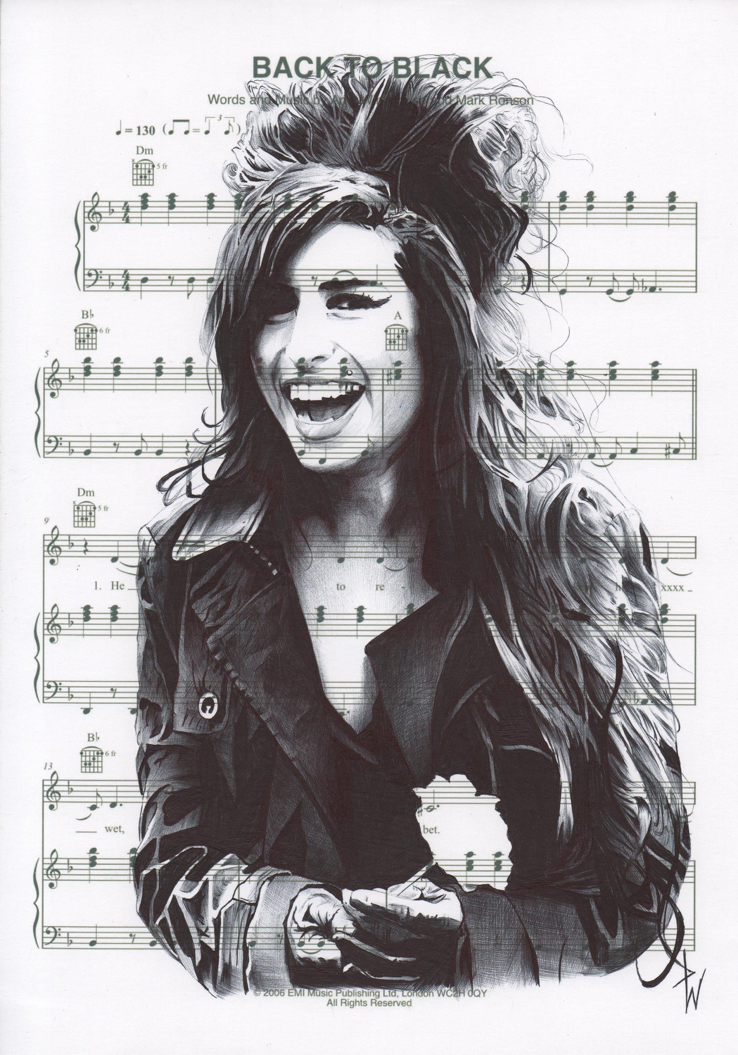 Amy Winehouse Print: Ballpoint Pen Drawing on Sheet Music