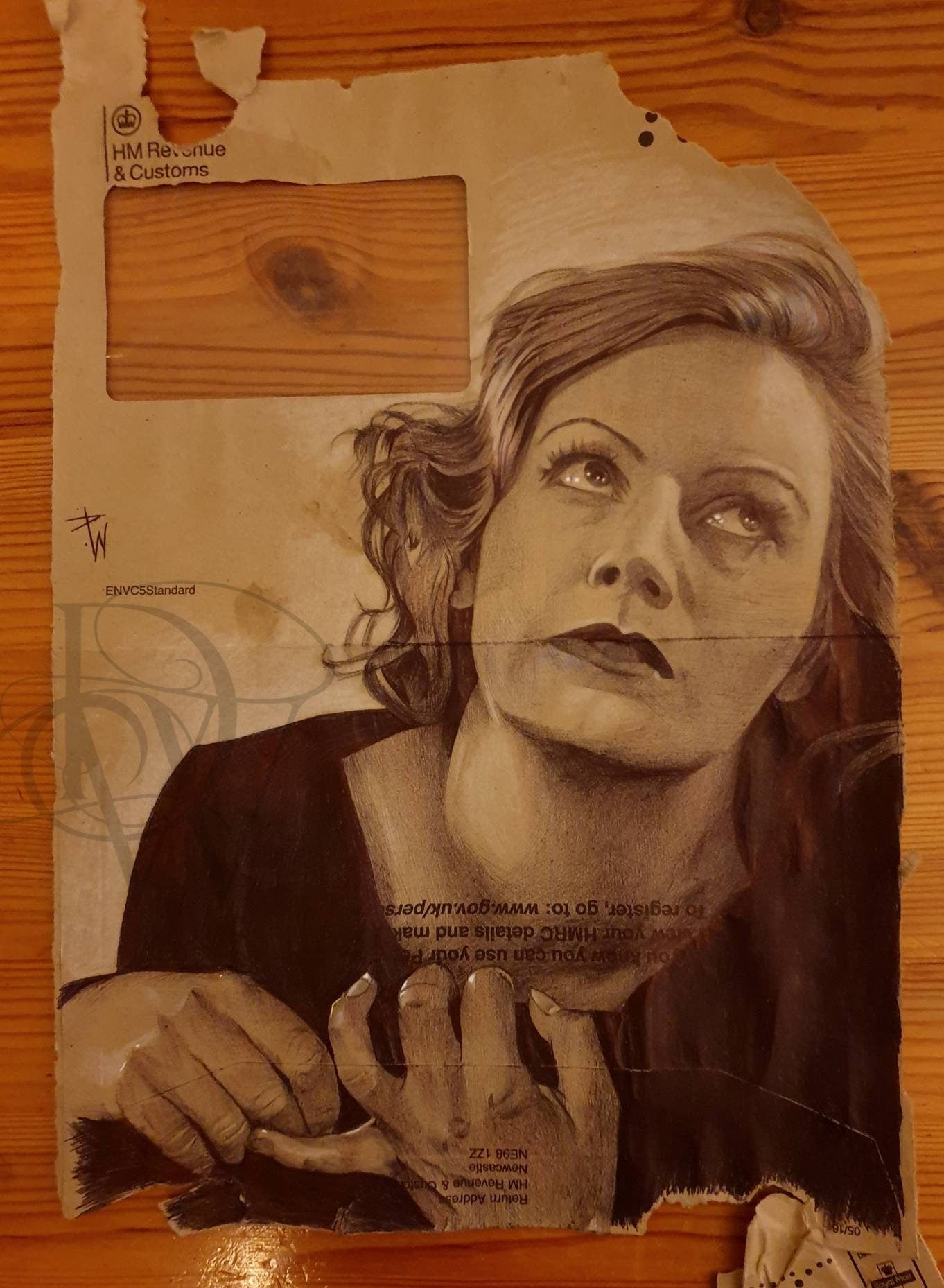 Greta Garbo Ballpoint Pen Drawing on Envelope