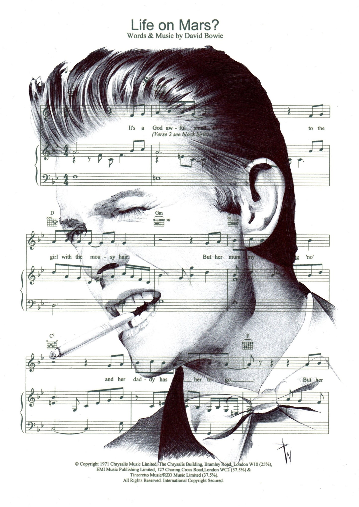 David Bowie Print: Ballpoint Pen Drawing on Sheet Music