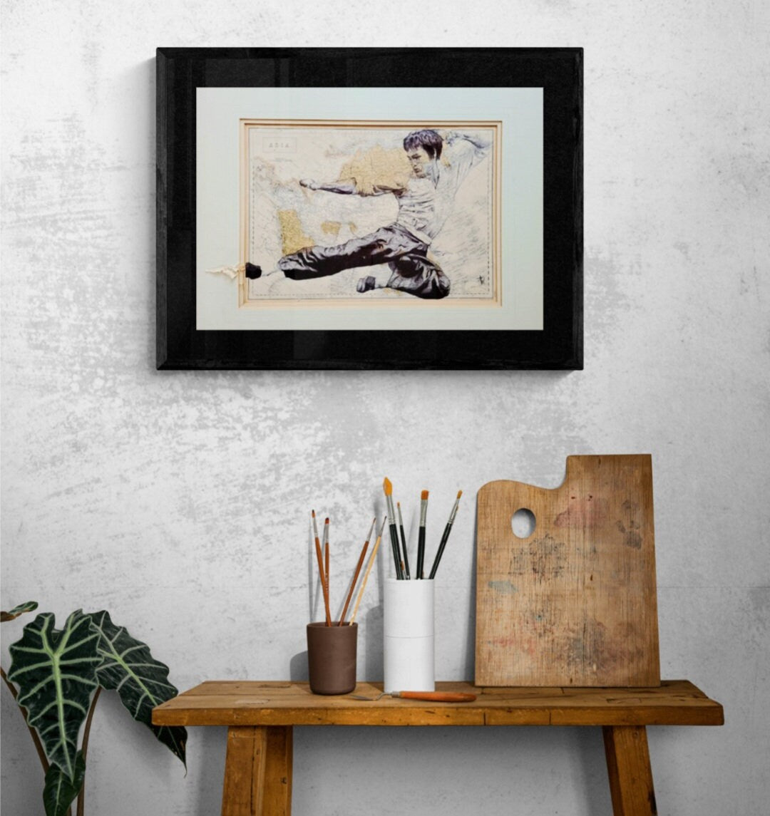 Bruce Lee Pen Drawing on Antique Map - Framed Art