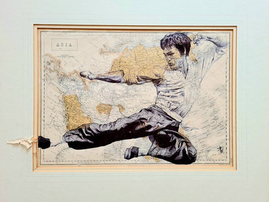 Bruce Lee Pen Drawing on Antique Map - Framed Art