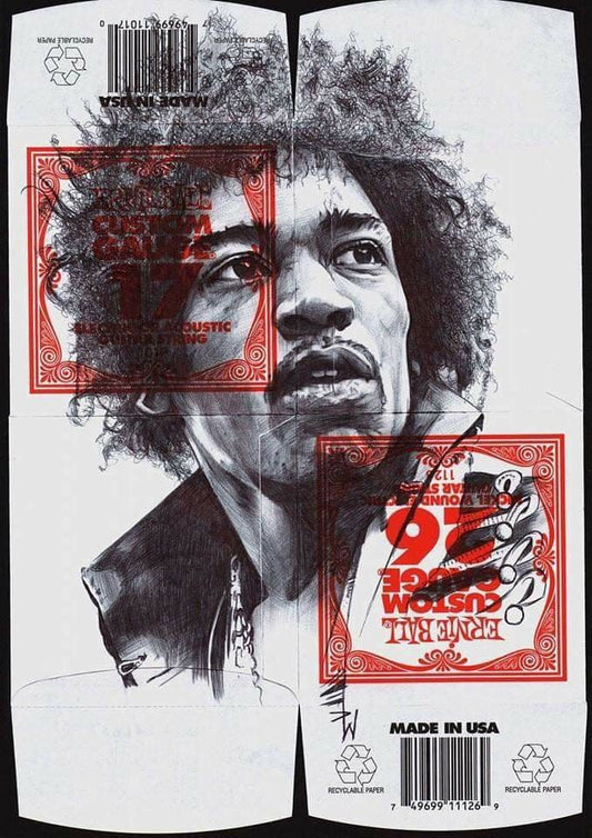 Jimi Hendrix Print: Ballpoint Pen Drawing on Guitar String Packets, A4