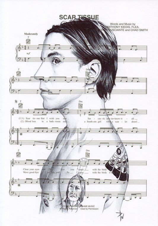 Anthony Kiedis Print: Ballpoint Pen Drawing on Sheet Music