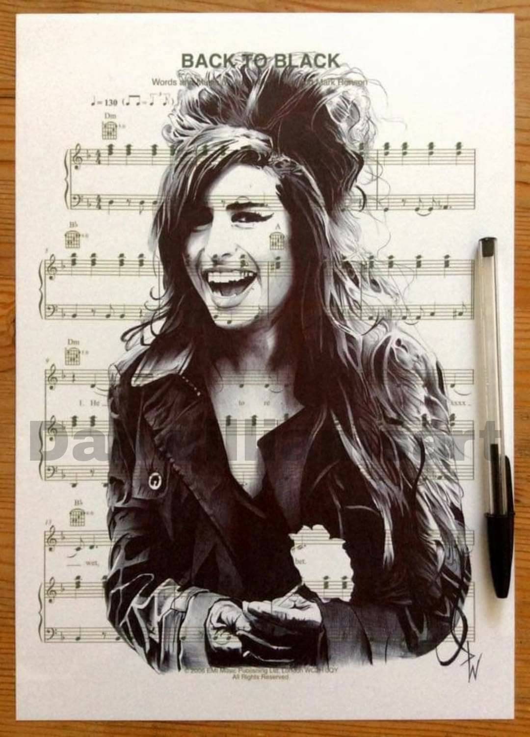 Amy Winehouse Print: Ballpoint Pen Drawing on Sheet Music