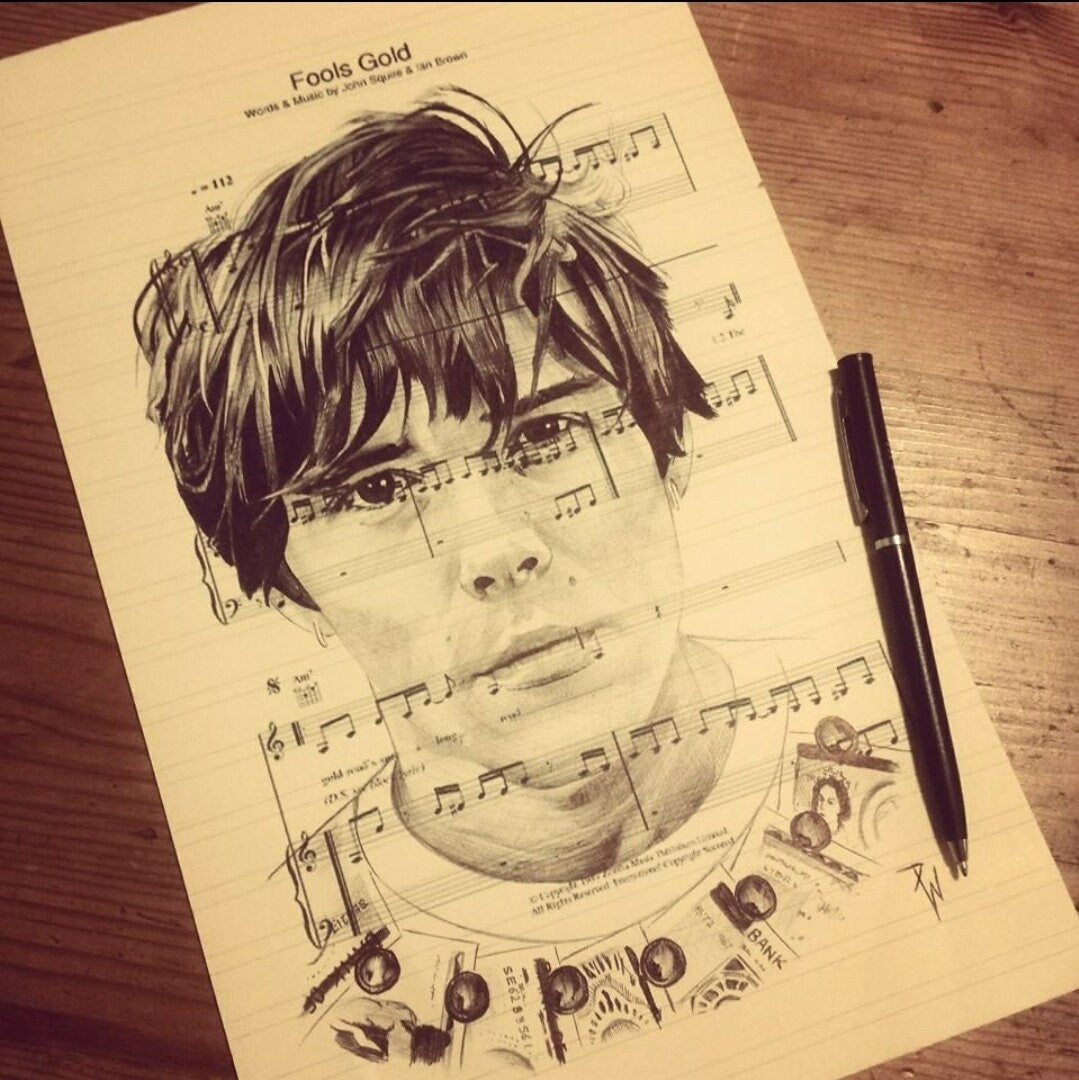 Ian Brown Print: Ballpoint Pen Drawing on Sheet Music (A4)