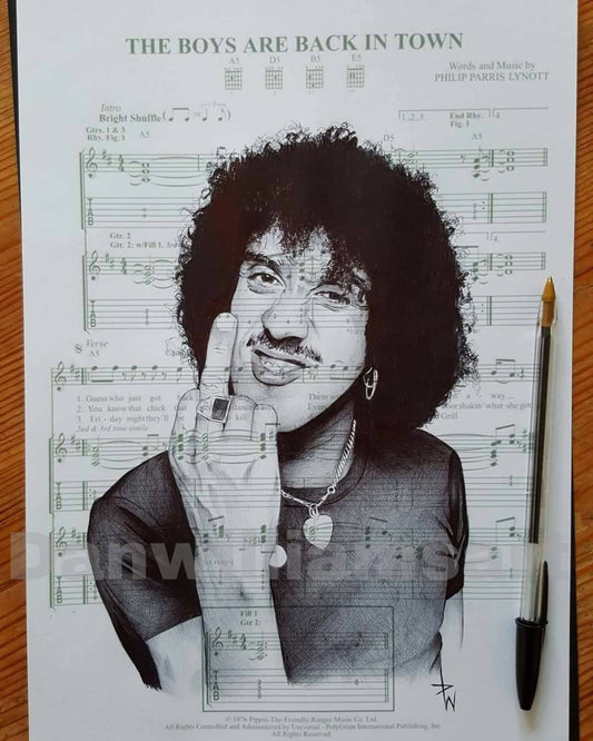 Phil Lynott Print: Ballpoint Pen Drawing on Sheet Music (A4)